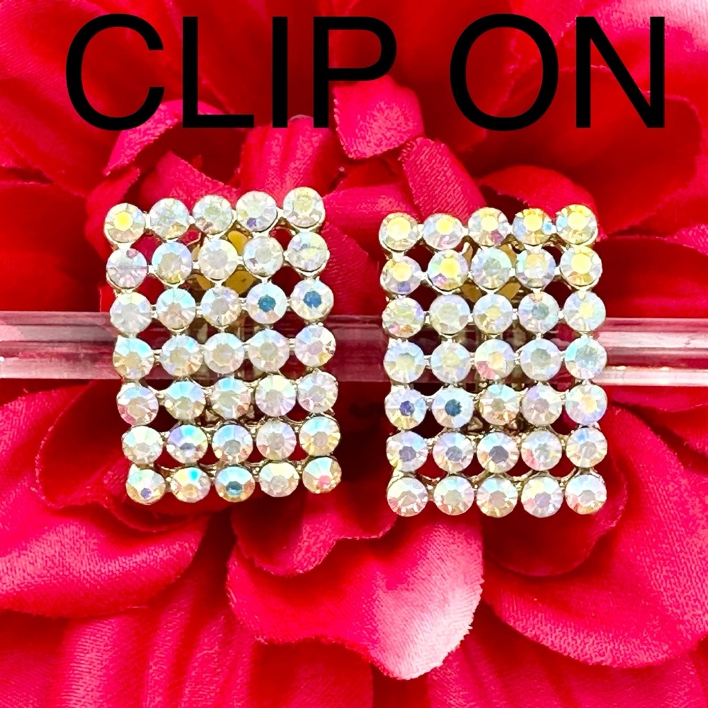 AB Iridescent Rhinestone Bar Formal Silver Tone Clip On Earrings